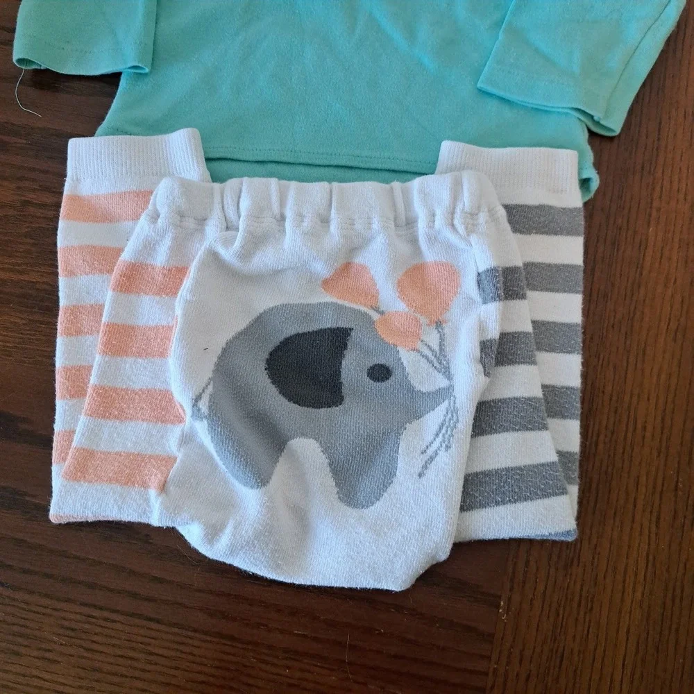 Doodle Pants Elephant Leggings & Baby Oneita Vintage Teal Henley Set 18 Months